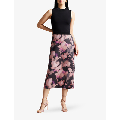 Shop Ted Baker Womens Black Elliha Floral-print Sleeveless Woven Midi Skirt