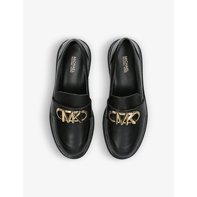Shop Michael Michael Kors Women's Black/comb Parker Logo-plaque Lug-soled Leather Loafers