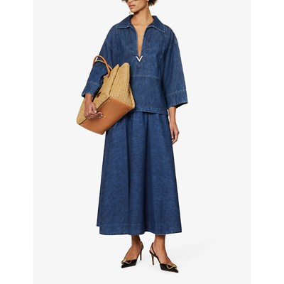Shop Valentino Women's Medium Blue Denim Mid-rise Flared-hem Denim Midi Skirt