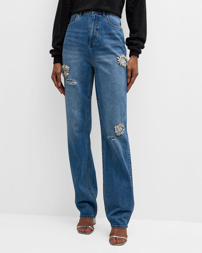 Shop Area Distressed Straight-leg Jeans With Crystal Detail In Light Indigo