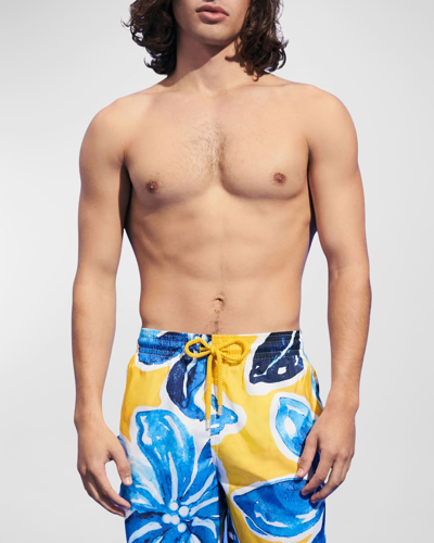 Shop Vilebrequin Men's Hawaiian Leaf-print Swim Shorts In Sun