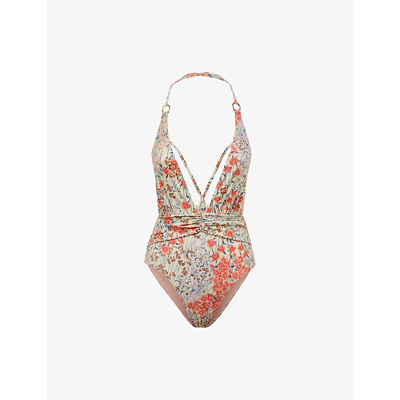 Shop Reiss Women's Pink Print Isla Floral-print Plunge-neck Swimsuit