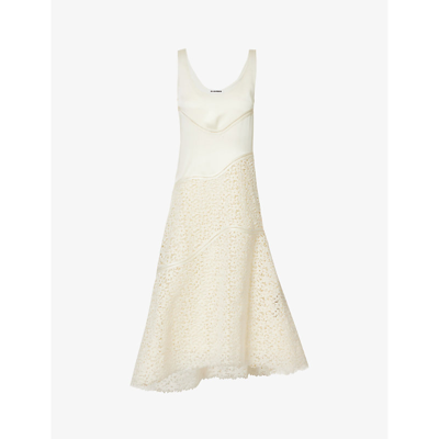 Shop Jil Sander Womens Cream Contrast-panel Lace-trim Cotton-blend Midi Dress