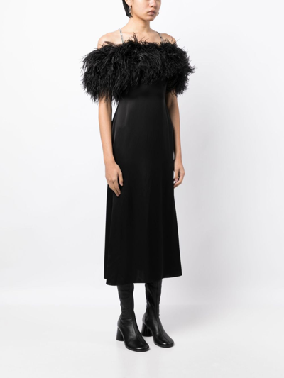 Shop David Koma Feather-trim Satin Midi Dress In Black