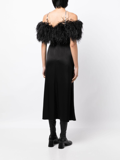 Shop David Koma Feather-trim Satin Midi Dress In Black