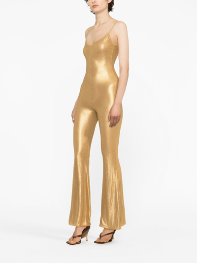 Shop Oseree Flared Lamé Jumpsuit In Gold