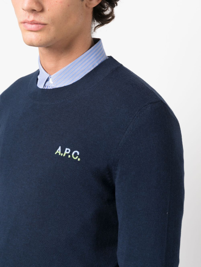 Shop Apc Alois Logo-embroidered Fine-knit Jumper In Blue