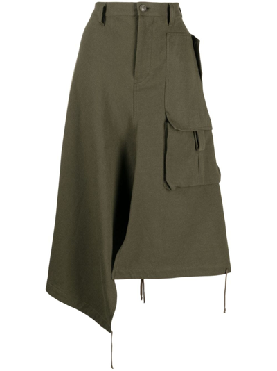 Shop Yohji Yamamoto Asymmetric Cargo Midi Skirt In Green