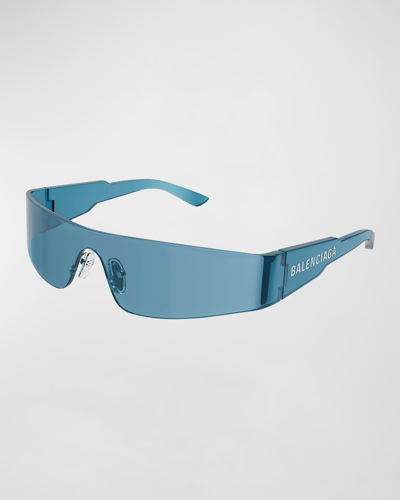 Shop Balenciaga Mirrored Rimless Wrap Sunglasses In Solid Marine