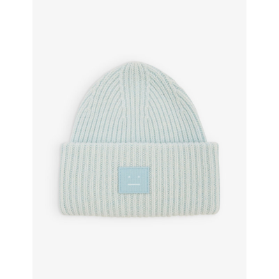Shop Acne Studios Mens Sky Blue Melange Pansy Logo-patch Wool-knit Beanie Hat