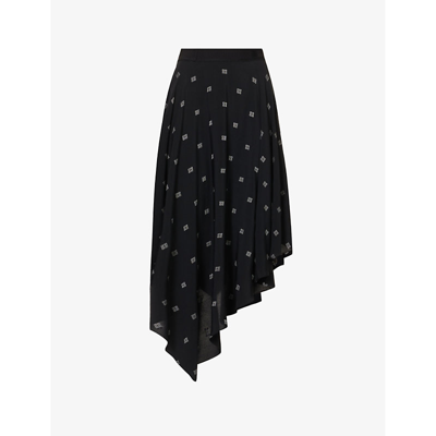 Shop Givenchy Women's Black Silvery Logo-embroidered Asymmetric Silk Midi Skirt