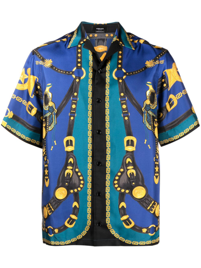 Shop Versace Medusa Saddle Silk Shirt In Blue