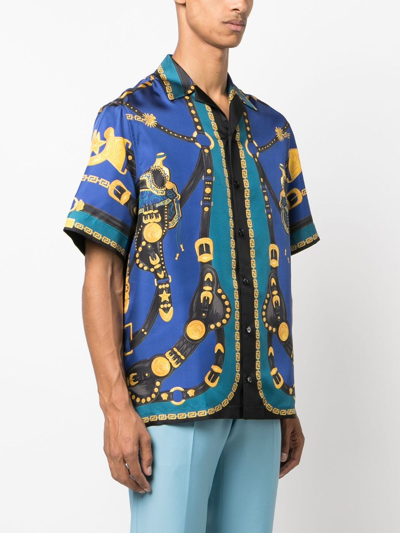 Shop Versace Medusa Saddle Silk Shirt In Blue