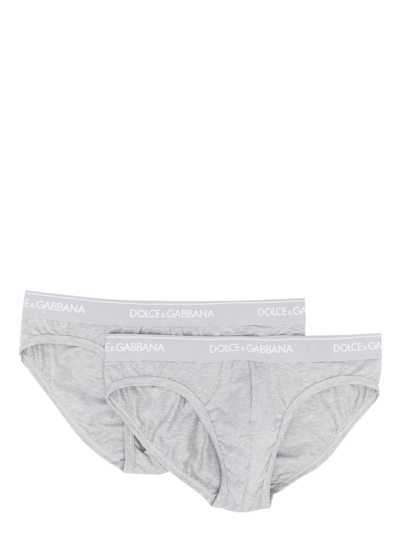 Shop Dolce & Gabbana Logo-waistband Cotton-blend Brief In Grey