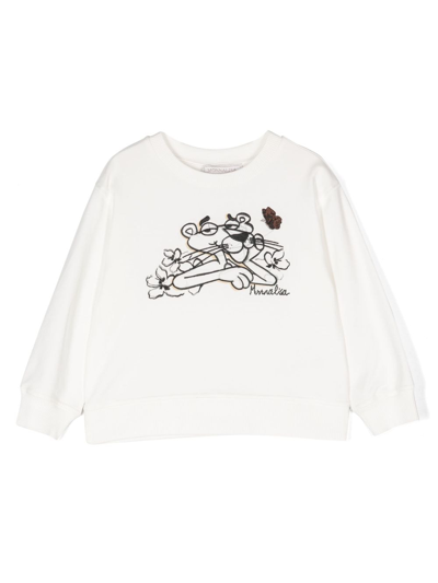 Shop Monnalisa Pink Panther-embroidered Cotton Sweatshirt In White