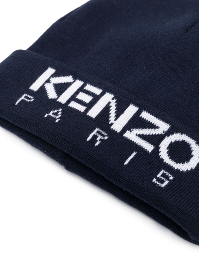 Shop Kenzo Logo-embroidered Knitted Beanie In Blue
