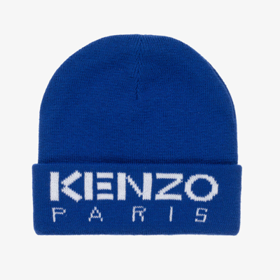 Shop Kenzo Kids Royal Blue Knitted Beanie Hat