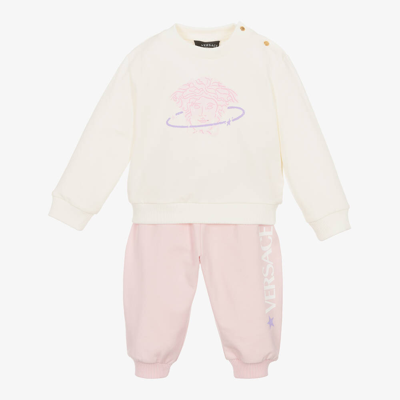 Shop Versace Baby Girls Pink & Ivory Cotton Trouser Set
