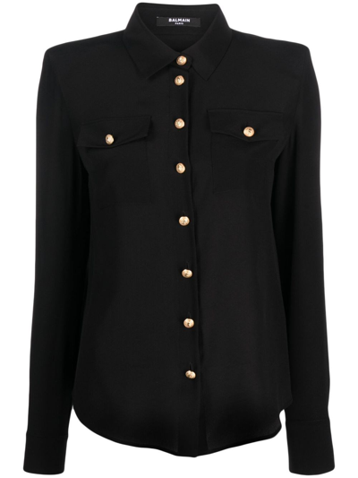 Shop Balmain 2 Pockets Crepe De Chine Buttoned Shirt In Black  