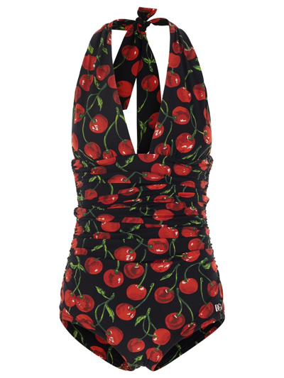 Shop Dolce & Gabbana Cherry Print Halterneck Swimsuit In Black