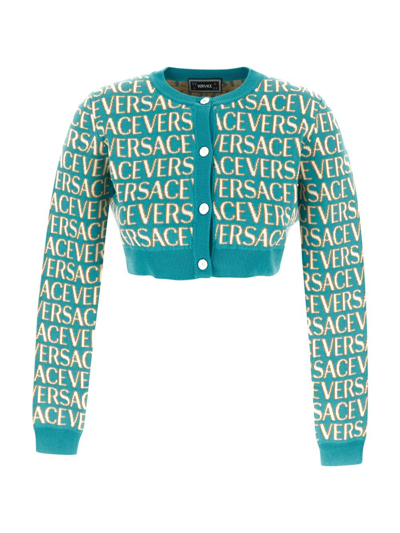 Shop Versace All Over Logo Knit Cardigan In Blue