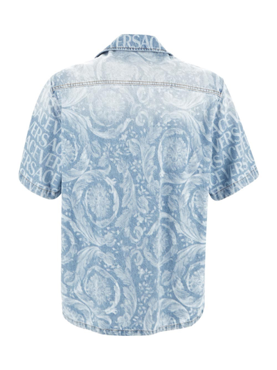 Shop Versace Logo Laser Print Denim Shirt In Blue