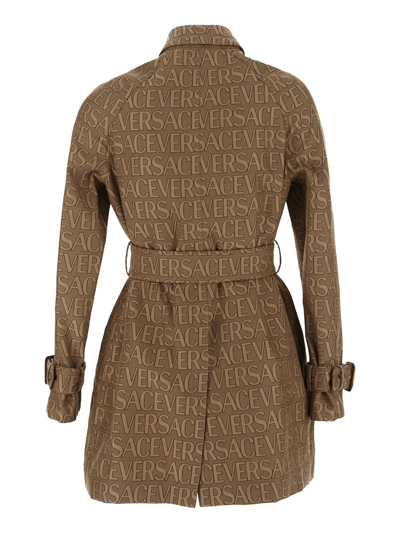 Shop Versace All-over Logo Short Trench Coat In Brown