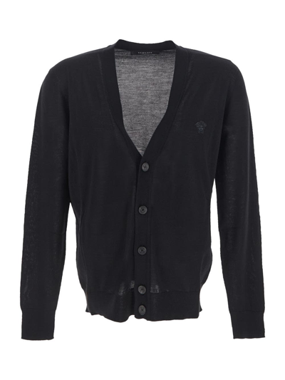 Shop Versace V-neck Knit Cardigan In Black