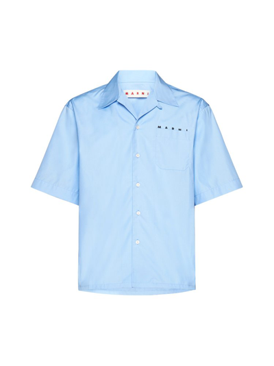 Shop Marni Logo Printed Poplin Bowling Shirt In Blue