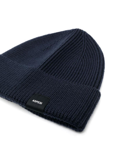 Shop Aspesi Logo-patch Ribbed Beanie In Blue