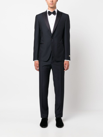 Shop Canali Satin-trim Single-breasted Wool Suit In Blue