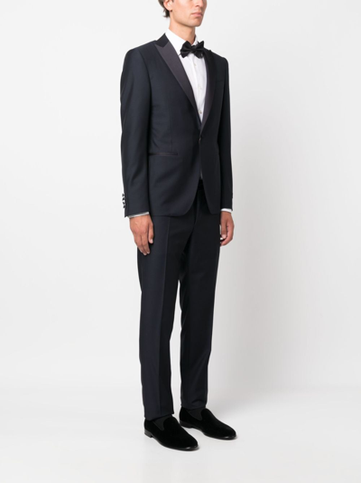 Shop Canali Satin-trim Single-breasted Wool Suit In Blue