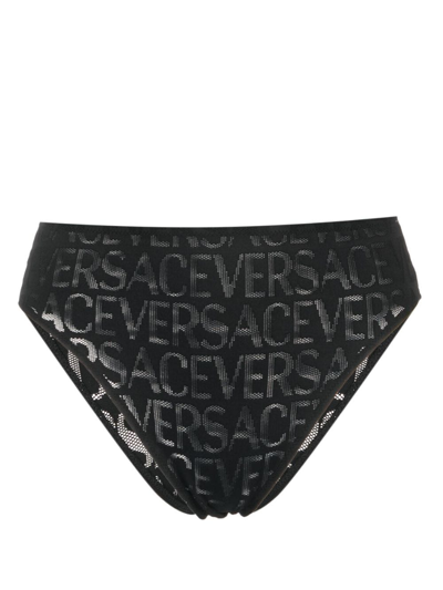 Shop Versace Allover High-waist Mesh Briefs In Black