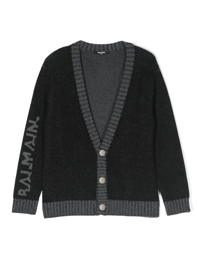 Shop Balmain Logo-embellished Fine-knit Cardigan In Black