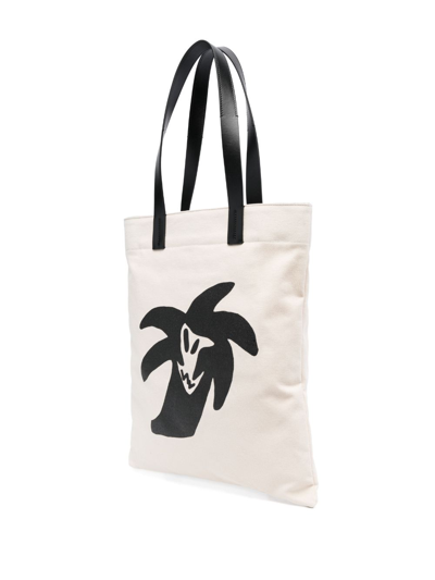 Shop Palm Angels Logo-print Canvas Tote Bag In Neutrals