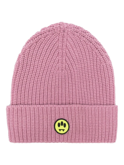 Shop Barrow Logo-patch Ribbed-knit Beanie In Pink