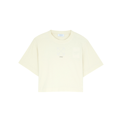 Shop Off-white Logo-embellished Cropped Cotton T-shirt In Beige