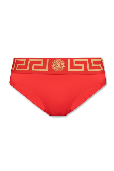 Shop Versace Greca Printed Waistband Bikini Bottom In Red