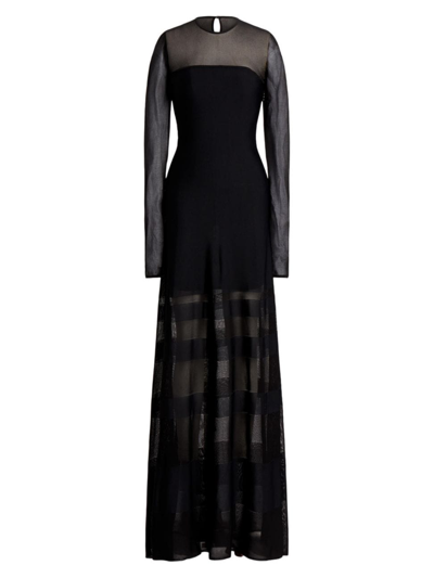Shop Ralph Lauren Women's Striped Mesh Long-sleeve Gown In Black