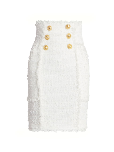 Shop Balmain Women's High-waisted Tweed Pencil Skirt In White