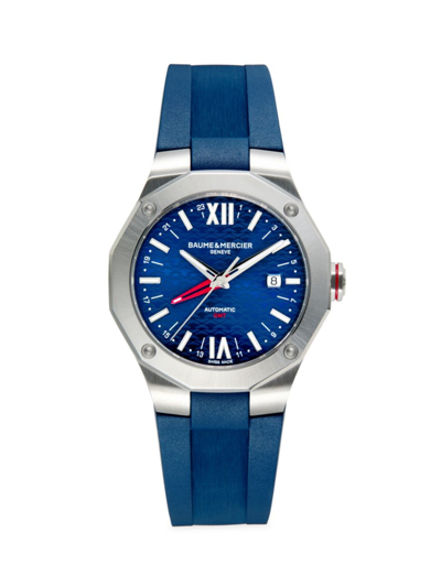 Shop Baume & Mercier Men's Riviera 10659 Stainless Steel & Rubber Strap Watch/42mm In Blue
