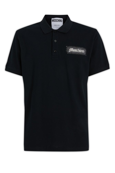 Shop Moschino Logo Patch Straight Hem Polo Shirt In Black