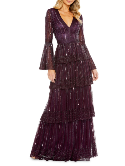 Shop Mac Duggal Women's Embellished Tiered Bell-sleeve Gown In Blackberry