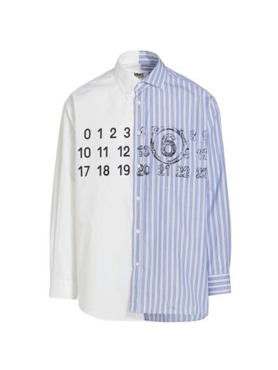 Shop Mm6 Maison Margiela Men's Logo Spliced Striped Shirt In Blue White