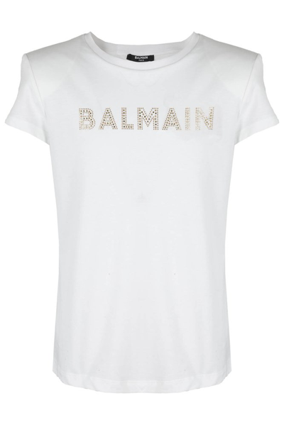 Shop Balmain Kids Logo Embellished Crewneck T In White