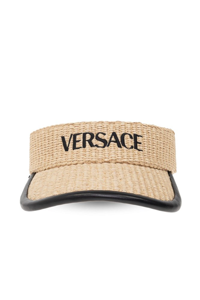 Shop Versace Logo Embroidered Curved Peak Visor In Beige