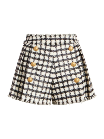 Shop Balmain Women's Checkered Tweed Pleated Shorts In Ivory Black