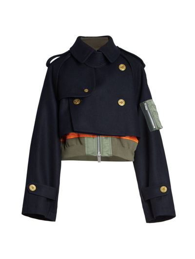 Shop Sacai Women's Cropped Mix Media Jacket In Navy