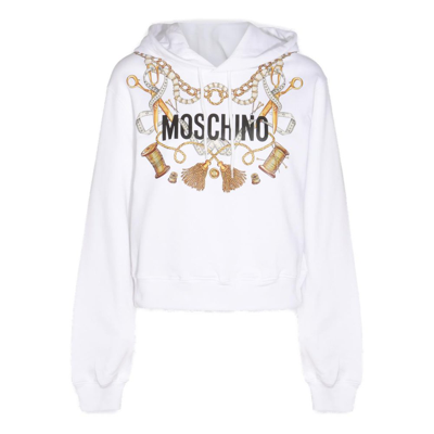 Shop Moschino Logo Detailed Drawstring Hoodie In White