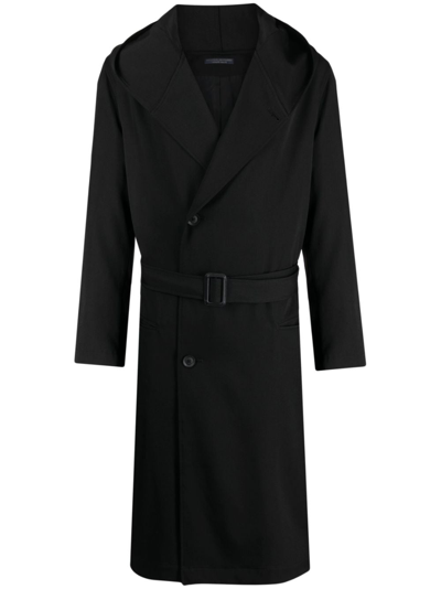 Shop Yohji Yamamoto Belted Hooded Wool Trench Coat In Black